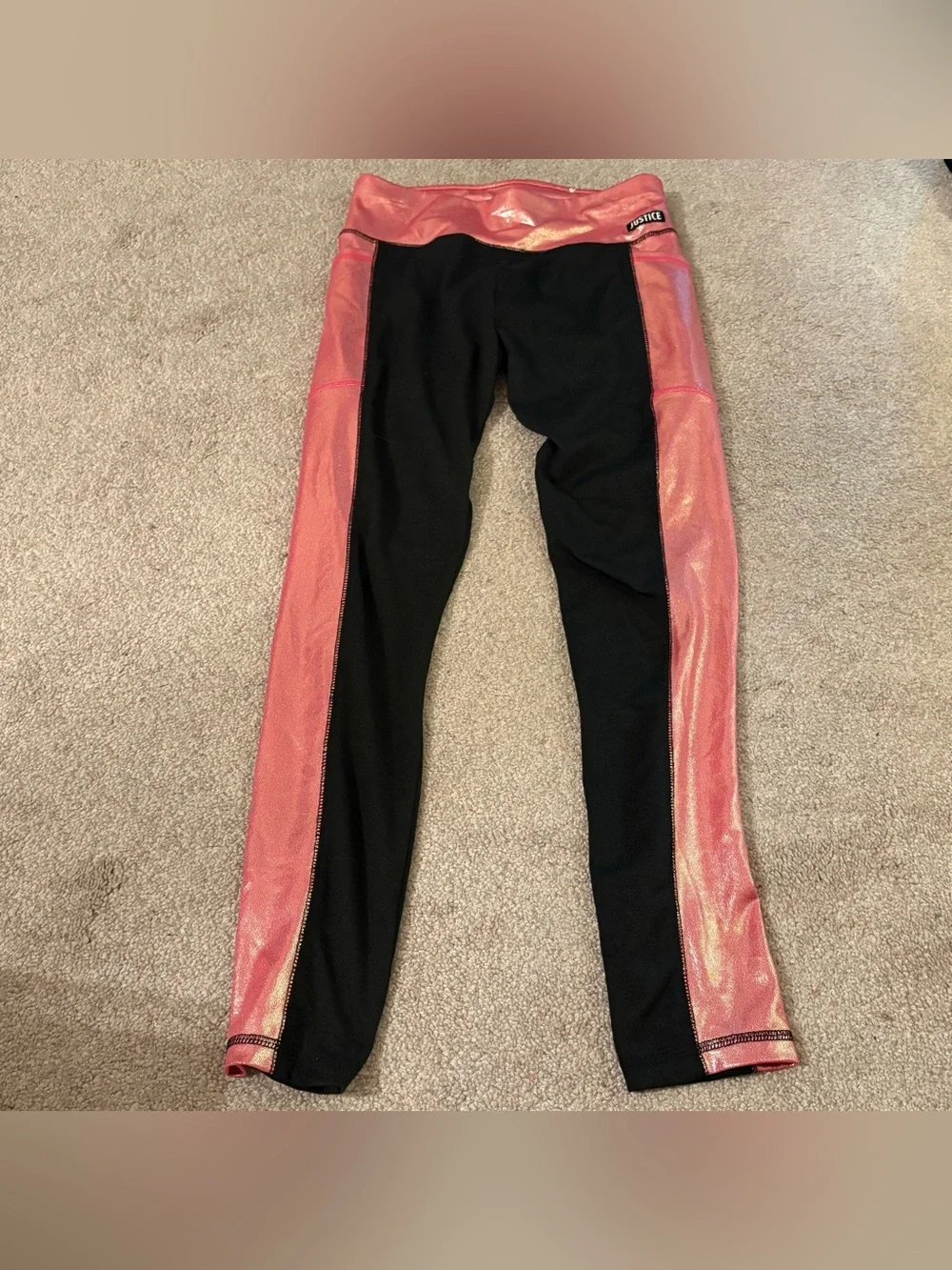 Justice girls size large 12/14 Black Leggings Shiny Pink Side Panels cheer dance